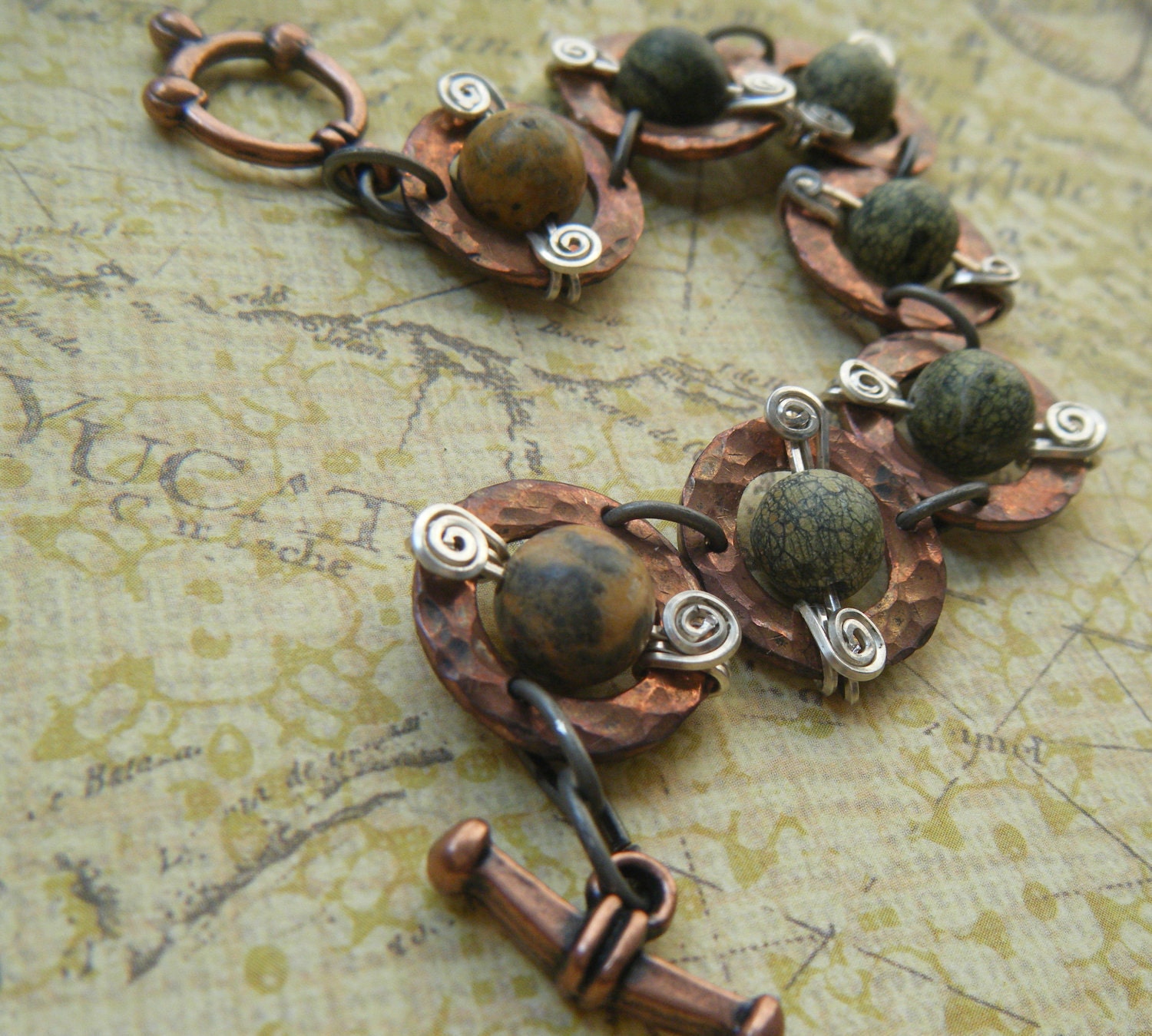 Green Beaded Copper Washer Bracelet with Silver Spiral Accents, Mystic Moons, Goddess Inspired, Earthy