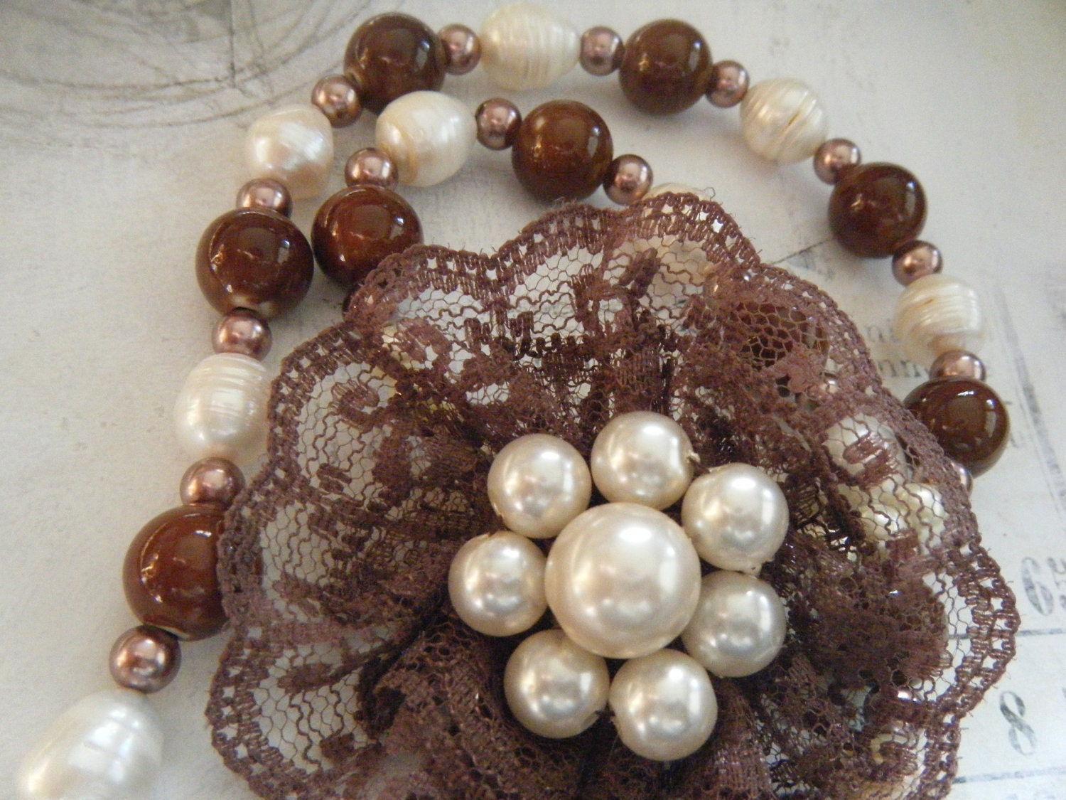 Chocolate Brown Lace Brooch Necklace with Pearls and Beads, Victorian, Feminine