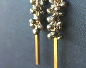 pyrite earrings beaded cluster, black grey gold, vintage brass