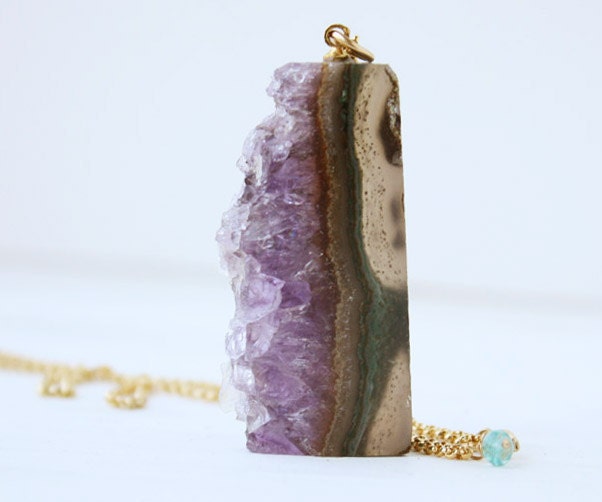 amethyst druzy pendant necklace, natural rough slice, purple, gold fill, statement boho