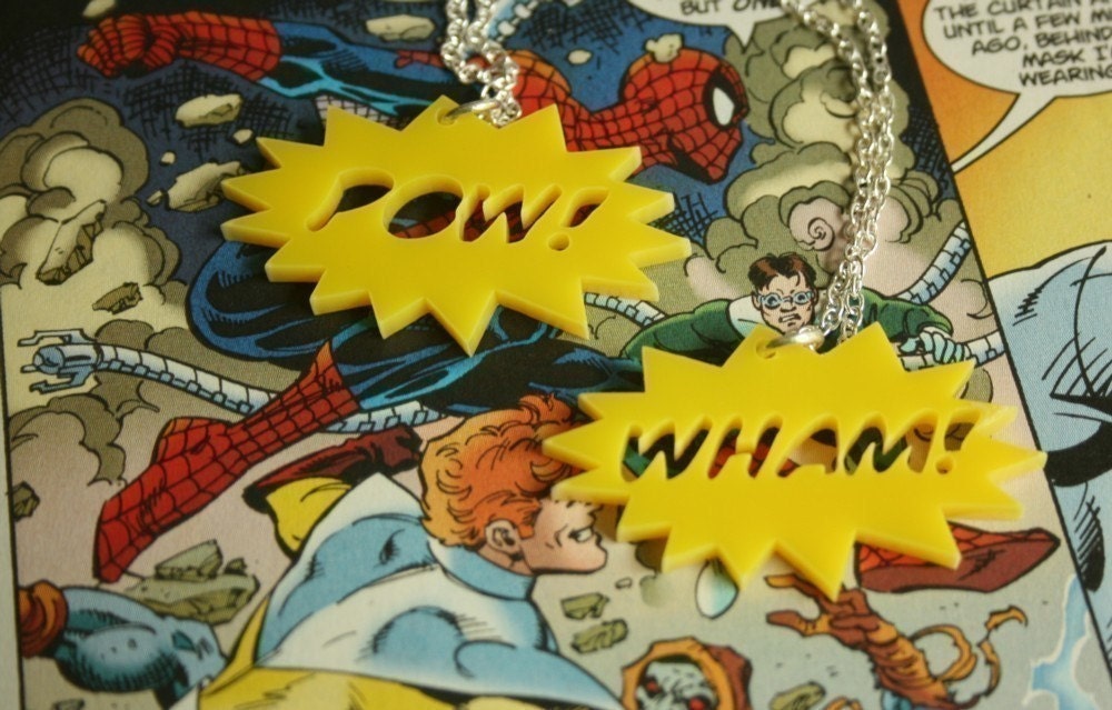 SALE POW Necklace Comic Book plastic laser cut YELLOW batman spiderman superman