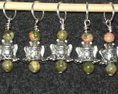 Frog Stitch Markers with pink and green jasper - set of 5