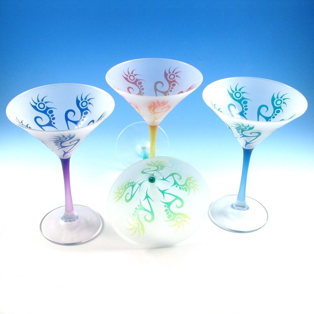 Martini Glasses - Spiked Arrows - Set of 4 - Frosted and Custom Painted Glassware