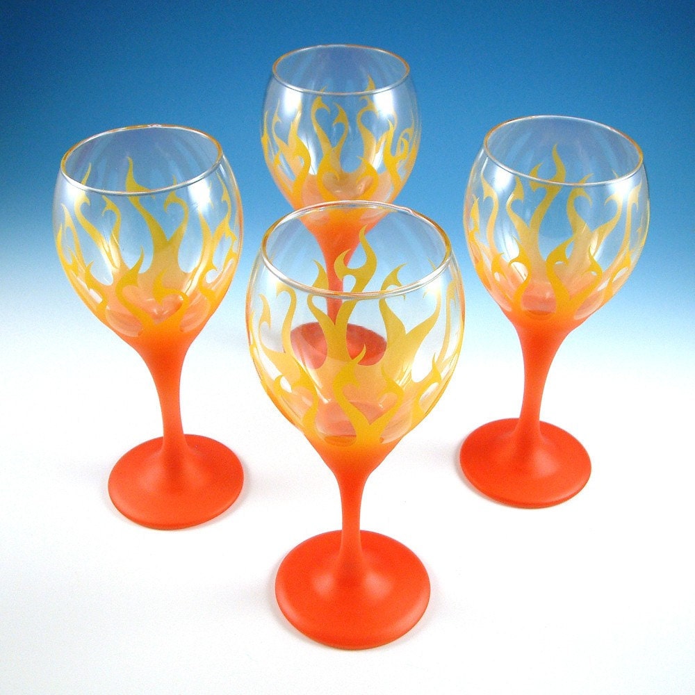 Tribal Flames Teardrop Wine Glasses Etched and Painted Glassware