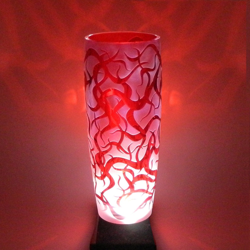 Carved Crystal Vase - Chaos Weave - Ruby Red - Custom Etched Glassware