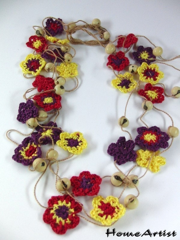 CROCHETED FLOWERS NECKLACE, various color tones crochet