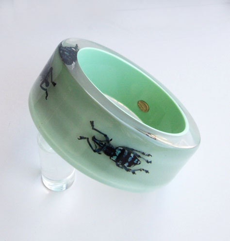 Light blue lucite bracelet with real beetles