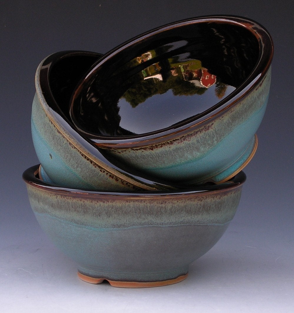 Noodle Bowls - Made to Order - Turquoise Brown Black - Set of 4