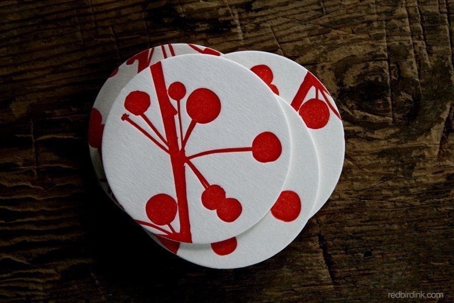 Red Berries Letterpressed Coasters - Set of 4