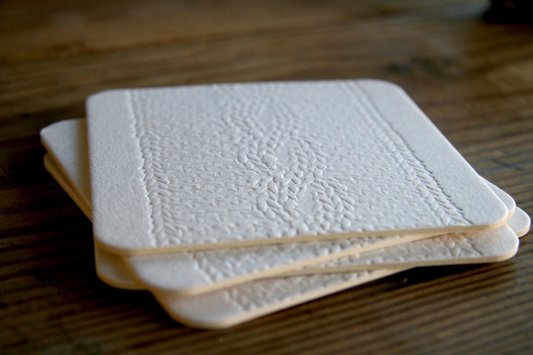 Cable Knit in White: Square Letterpress Coasters (set of 4)