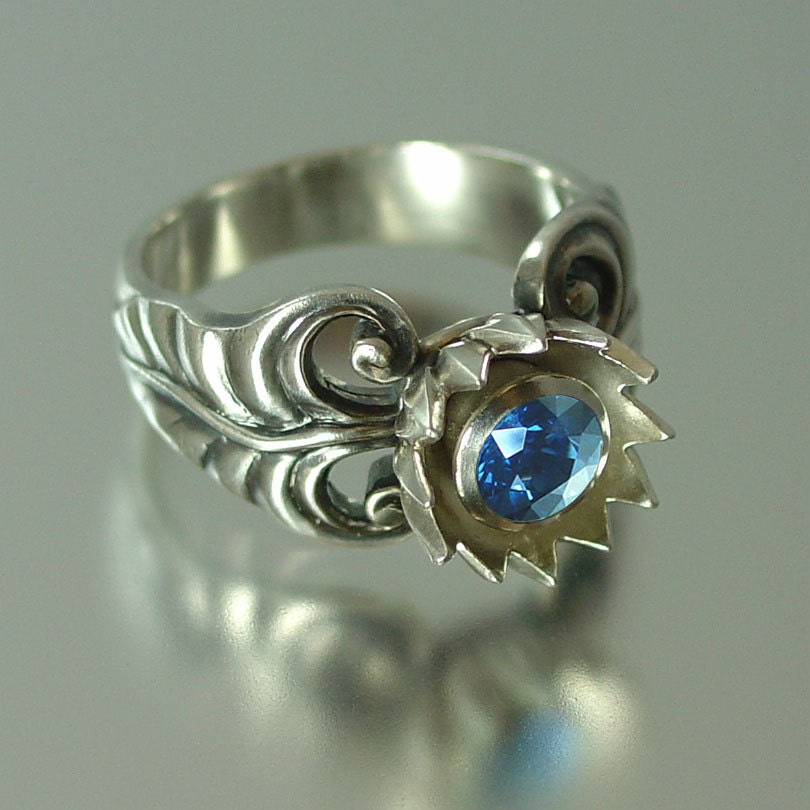 BLUE LOTUS sterling silver ring with Blue Sapphire
