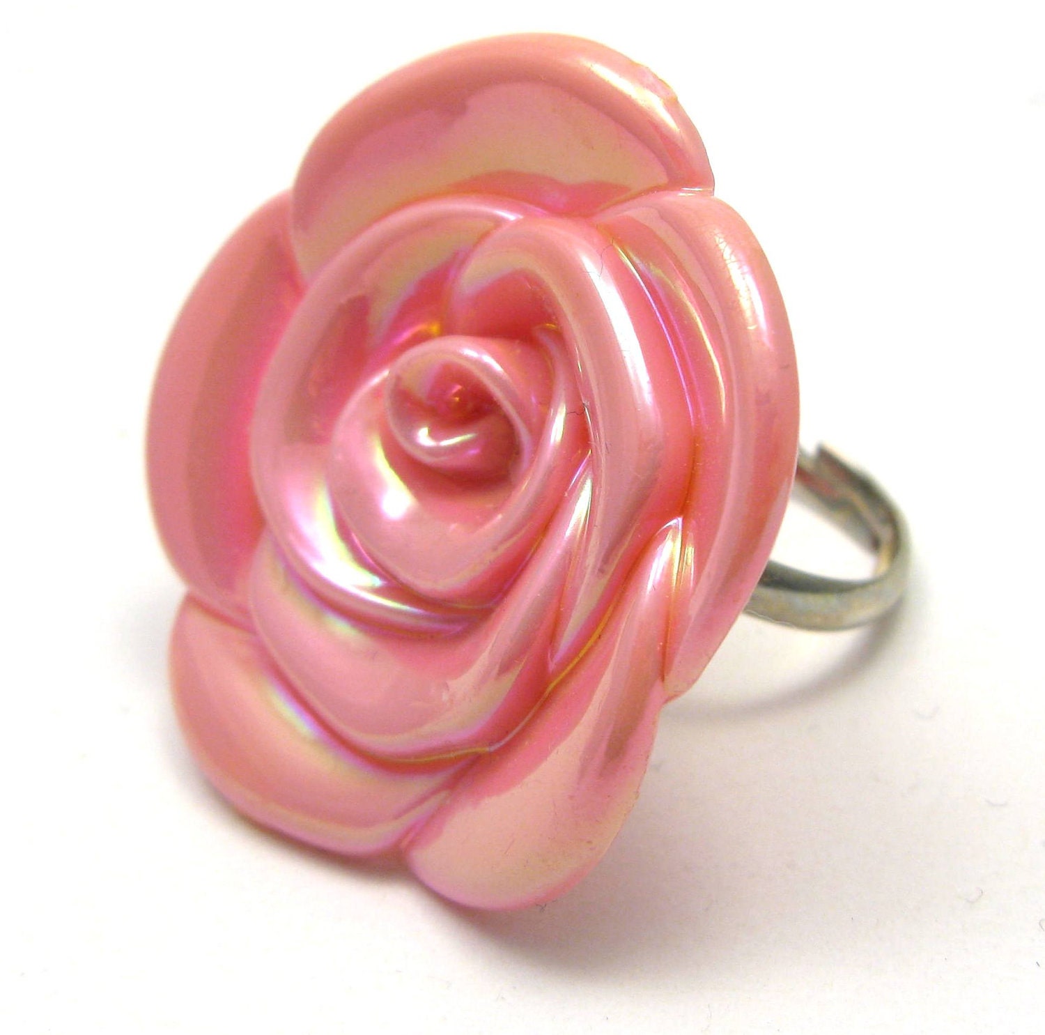 Shiny Pink Rose Ring on silver adjustable band
