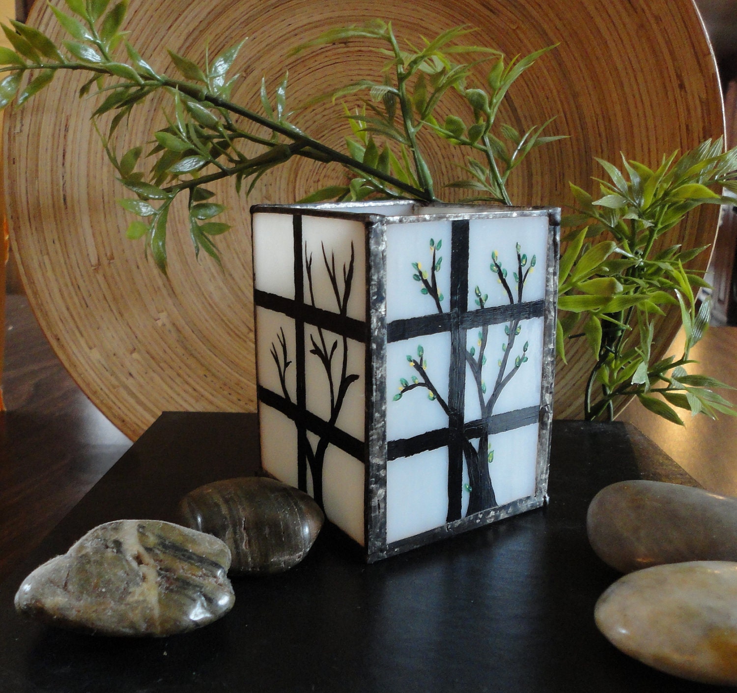 Japanese Shoji Lantern, Home Decor, Four Seasons, Stained Glass, Hand Painted