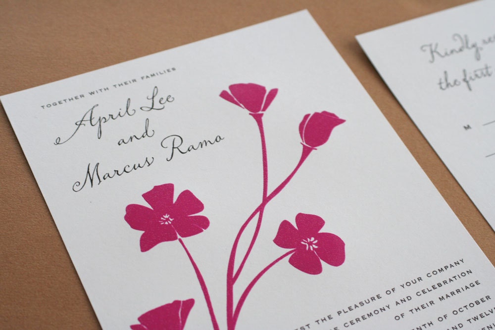 Poppy flower screenprint wedding invitations set of 25