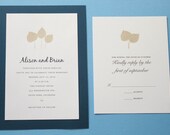 Wedding invitations Aspen leaf screenprint cards in metallic silver and double layered navy blue backing