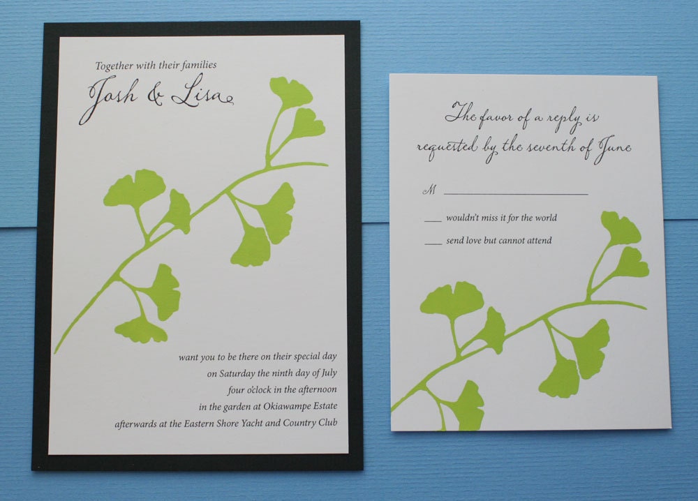 Ginkgo motif screenprint in stem green and black backing Wedding Invitation