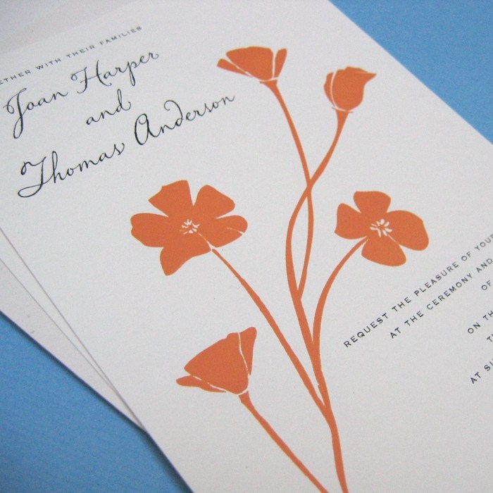 100 Poppy flower wedding invitations screenprinted and single layer