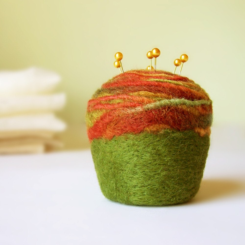 Pincushion - Felted Wool, rust and moss