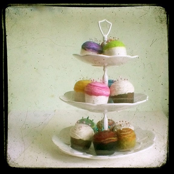 Cupcake Pincushion - Felted Wool, Berry Electric
