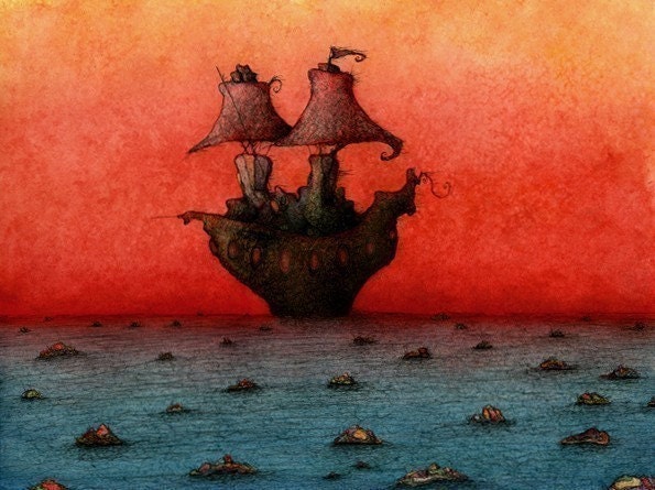 Ships Glide Over Newly Created Seas 5x 7 fine art giclee print reproduction of an original watercolor and ink illustration