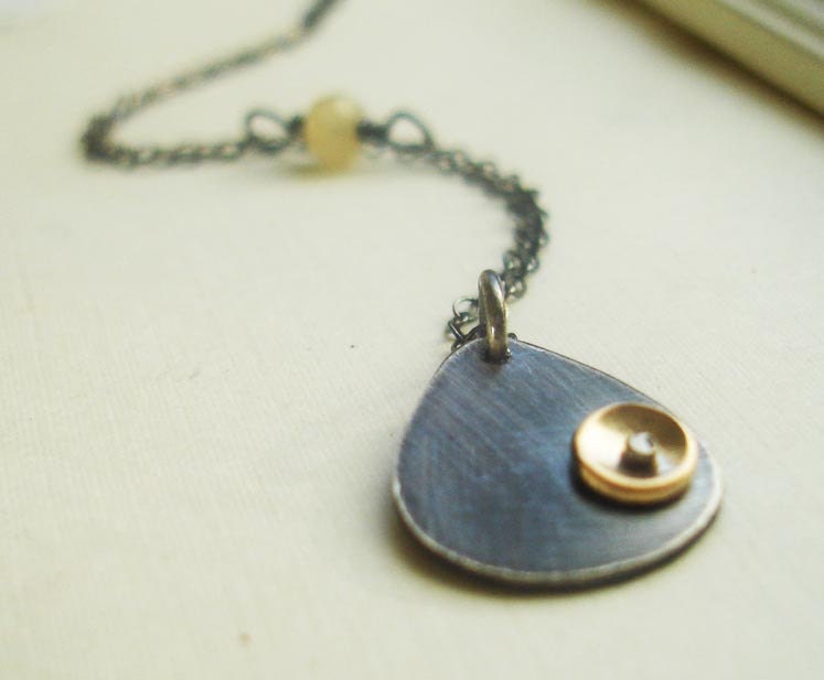 Petite Gold Disc Mixed Metal Silver Teardrop Necklace w/ Yellow Jade Gem and Rivet