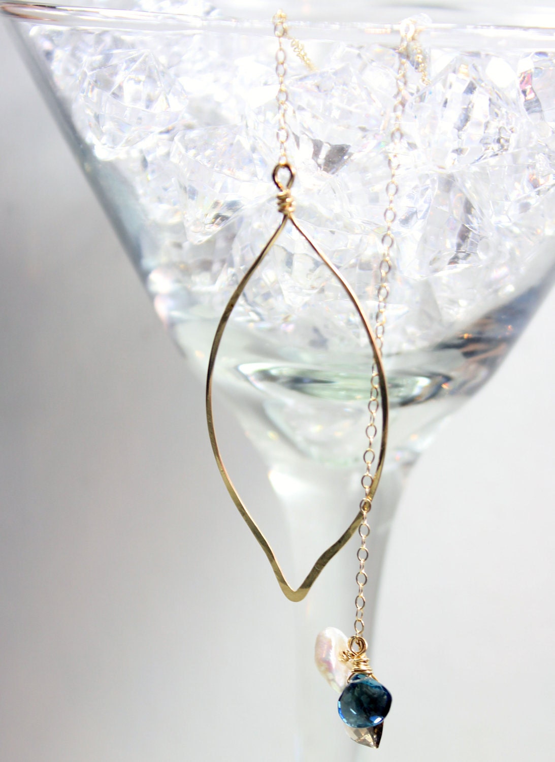 Gold Leaf Lariat with Blue Topaz, Freshwater Pearl & Smoky Quartz