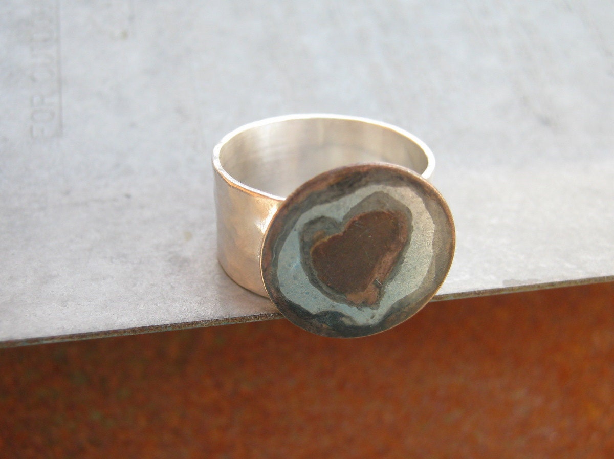 Painted Patina Heart Ring on Wide Adjustable Band