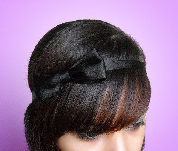 BLACK Headband with Bow Silk 1/2 Inch Skinny Soft Fabric Hair Accessory