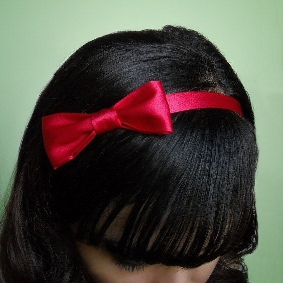 RED with Bow 1/2 Inch Silk Headband Skinny Soft Fabric Hair Accessory