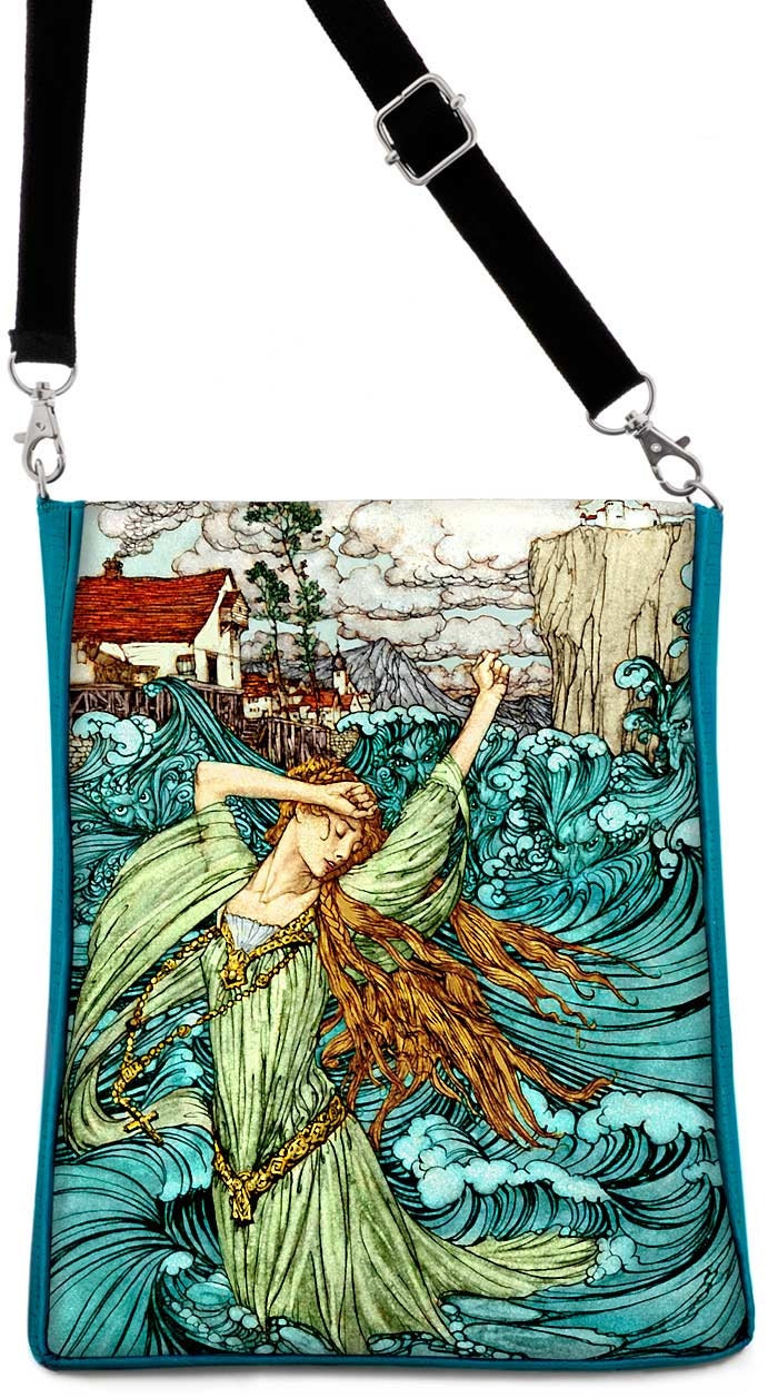 New - LARGE print shoulder bag. Arthur Rackham's Undine the Mermaid. Classic Victorian fairytale print with teal silk