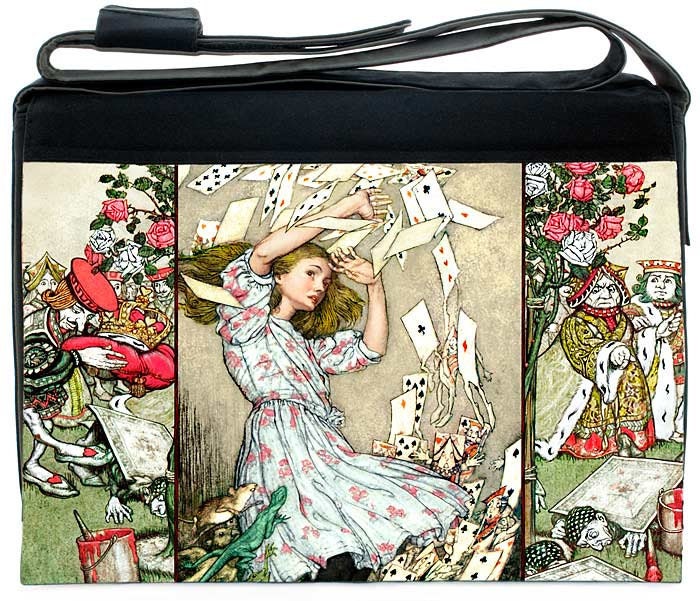 Padded, waterproof, customised laptop bag. Alice and the Shower of Cards, Alice in Wonderland print.