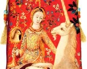 The Lady and the Unicorn. Medieval tapestry print drawstring bag or tarot bag with wonderful Burgundy silk velvet