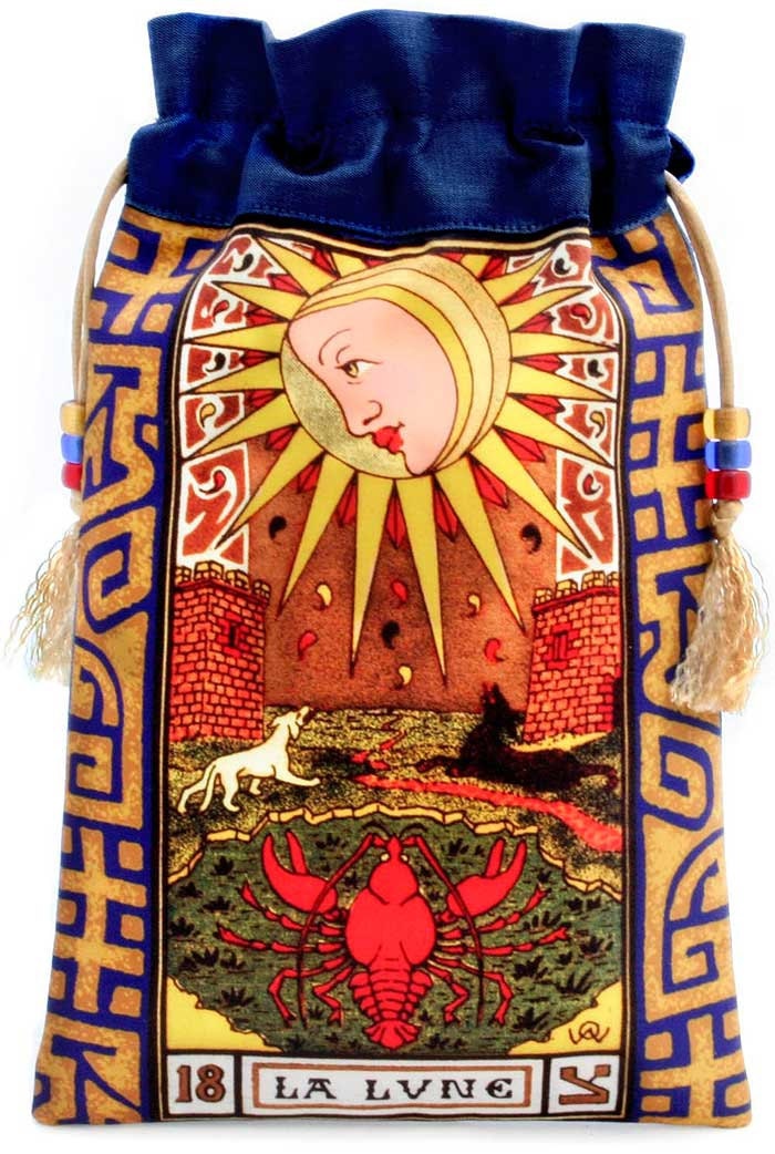 La Lune - The Moon. Silk drawstring pouch from the Wirth Tarot. Dark blue.