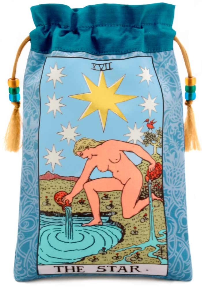 The Star. Satin and silk RWS Tarot drawstring tarot bag. Teal silk.