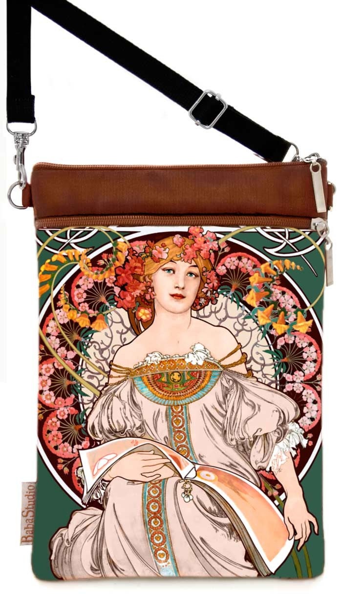 Alphons Mucha "Reverie" sling pouch with long shoulder strap. Copper pure silk backing.