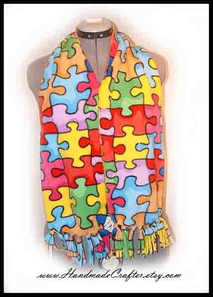 Jig Saw Puzzle Fleece Scarf, Autism Awareness Muffler, Multicolor Fringed Neck Scarf, Special Interest
