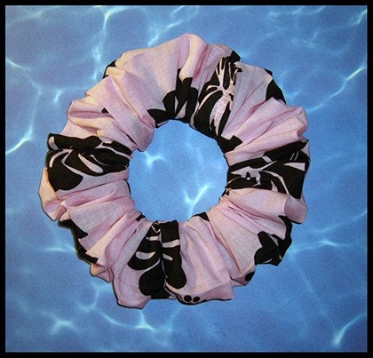 Black Tropical Hibiscus on Pink Hair Scrunchie, Floral/Flower Themed Ponytail Holder, Spring Break/Summer Hair Tie