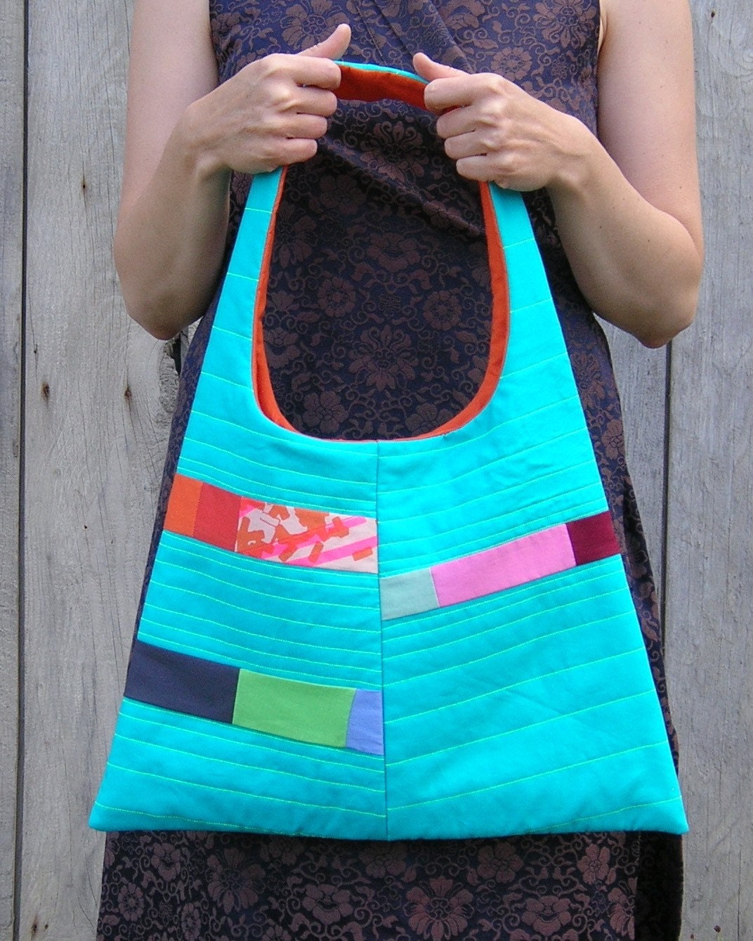 SALE - Patchwork Handbag - Turquoise and Stitched