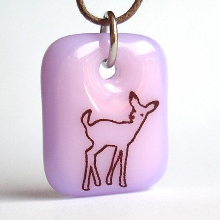 Fawn Pendant. Young Deer on Pink. A fused glass pendant necklace.