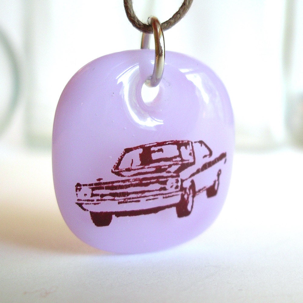 Dodge Dart Pendant. Retro Car Photo Necklace. A fused glass pendant necklace in Lavender. - family trip, first car -