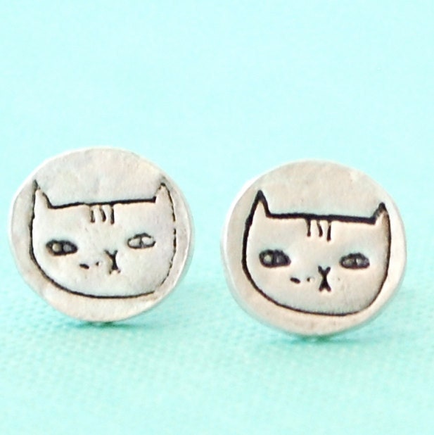 Alice the CAT stud earrings, Illustration by GEMMA CORRELL, eco-friendly silver. Handcrafted by Chocolate and Steel