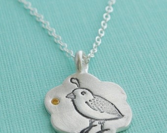 BIRTHSTONE QUAIL necklace, eco-friendly silver pendant, illustration by BOYGIRLPARTY.  Handcrafted by Chocolate and Steel