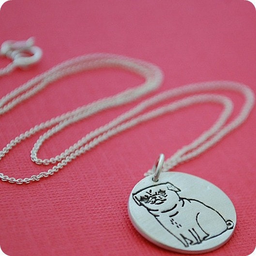 PUG necklace, pickles the pug, illustration by GEMMA CORRELL, eco-friendly reclaimed silver, handcrafted by Chocolate and Steel