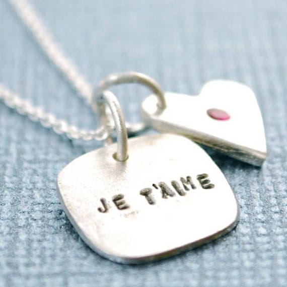 JE T'AIME necklace, French "I love you" pendant with HEART and Ruby, ecofriendly silver.  Handcrafted by Chocolate and Steel