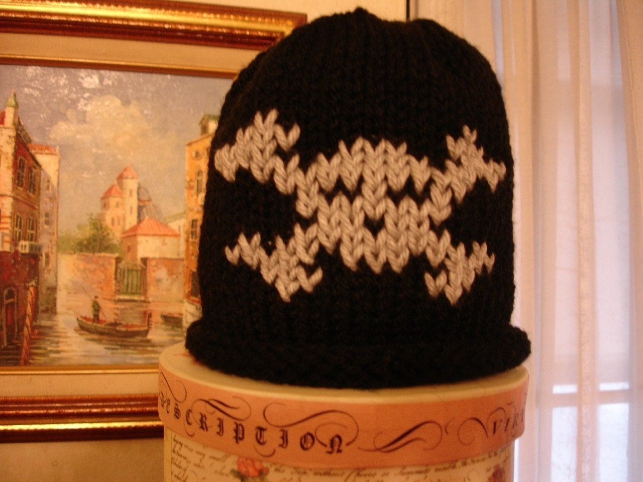 One Eyed Pirate - Skull and Crossbones Knit Hat Black and Gray