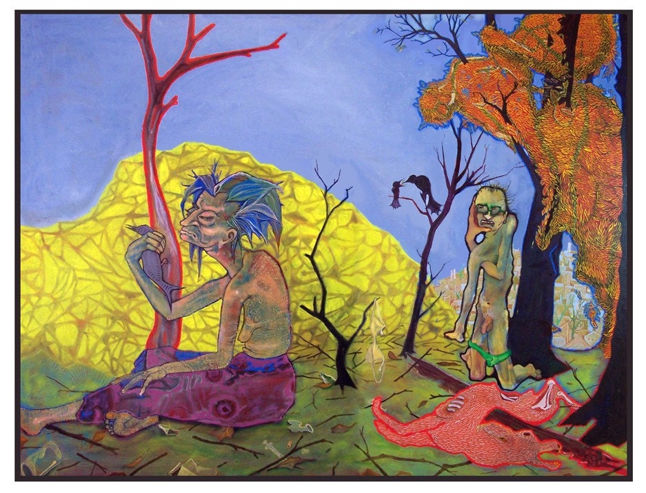 Print, mature, painting trash fire death spirit creepy blashpemy god holy landscape figure nude nature trees leaves autumn fall