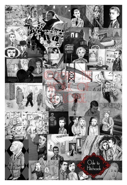 Ode to Hitchcock ... LARGE 13x19 inch limited edition print ... all of el's Alfred Hitchcock inspired art in one mysterious montage