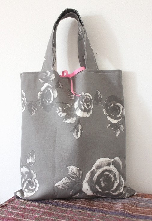 Flower roses grey Tote shopping bag handbag victorian style