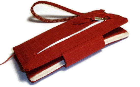 Red cell phone wallet  - iphone 5 wristlet - sim - ID wallet - brushed canvas wallet -  travel clutch