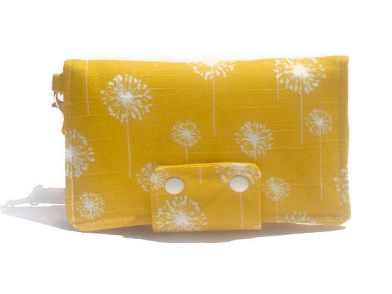 Yellow  dandelion wallet - passport holder -  Iphone 5 wallet - Travel organizer - floral wristlet - bridal gift  - iphone wristlet